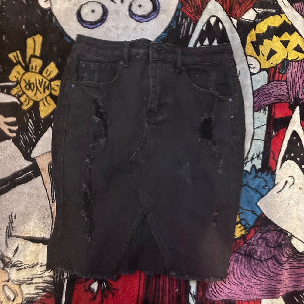 Distressed Black Denim Skirt